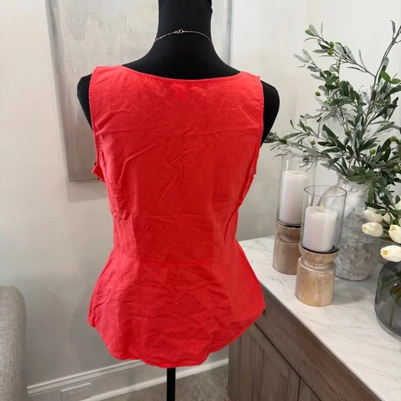 J. Crew Dark Coral V-neck Linen/Cotton Peplum Sleeveless Blouse - Picture 3 of 10